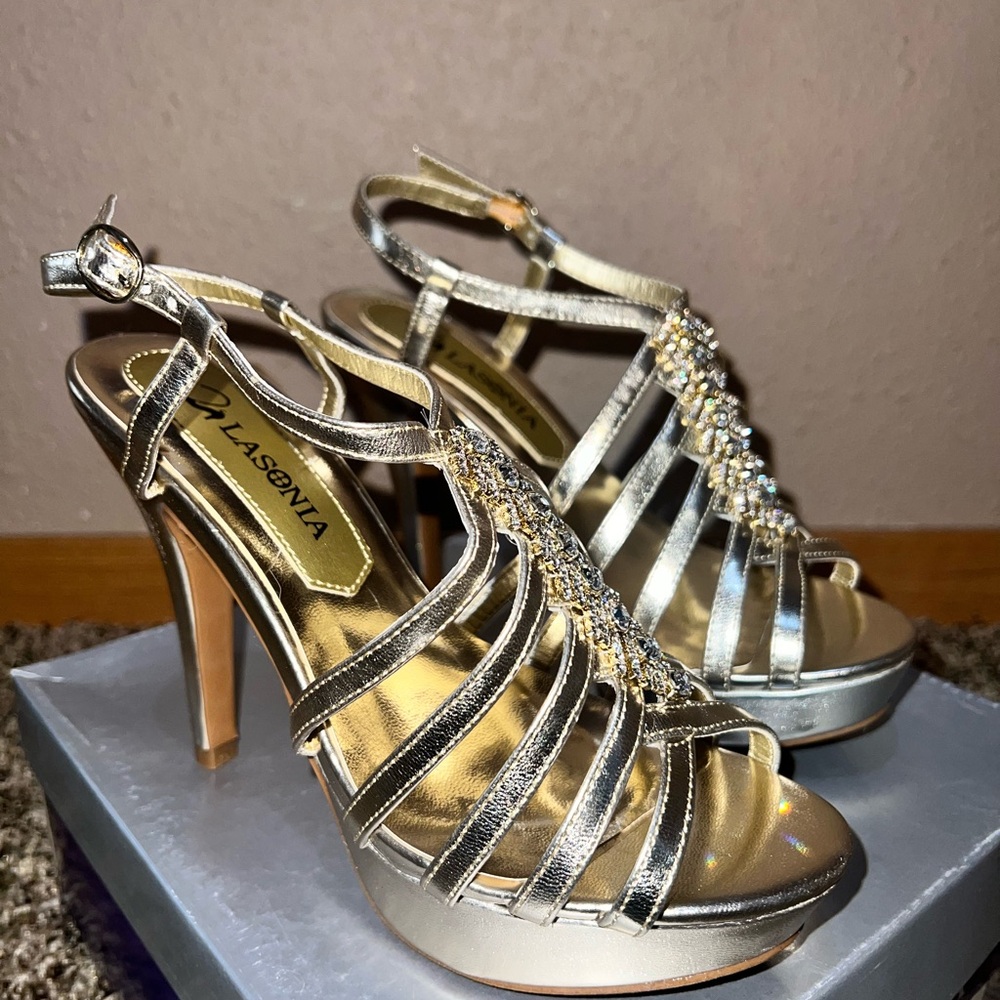 Lasonia Gold Embellished Strappy Heels